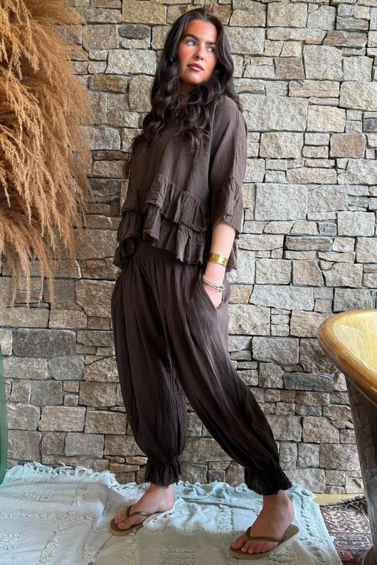 Sundaze Cheesecloth Frill Top Chocolate