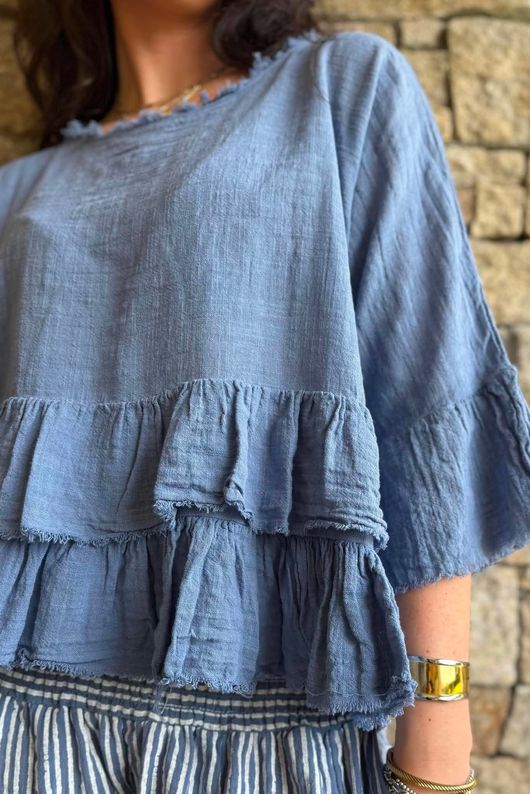 Sundaze Cheesecloth Frill Top Denim