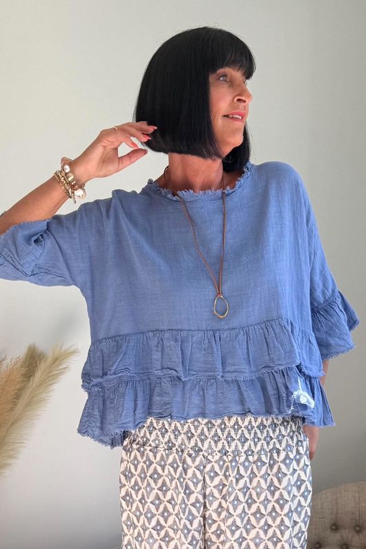Sundaze Cheesecloth Frill Top Denim