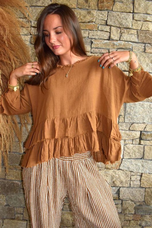 Sundaze Cheesecloth Frill Top Hazelnut