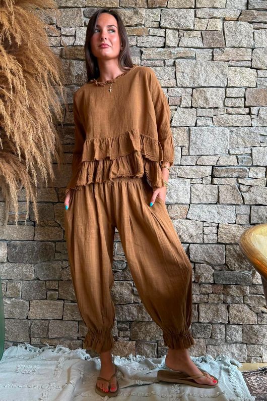 Sundaze Cheesecloth Frill Top Hazelnut