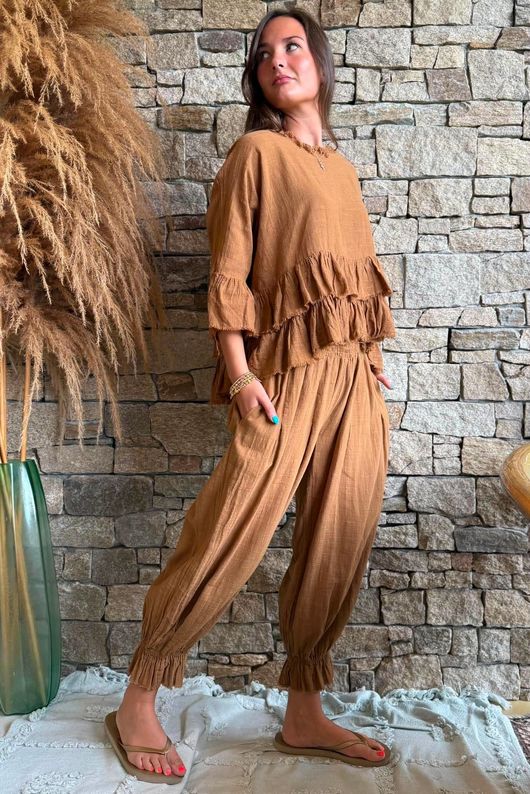 Sundaze Cheesecloth Frill Top Hazelnut
