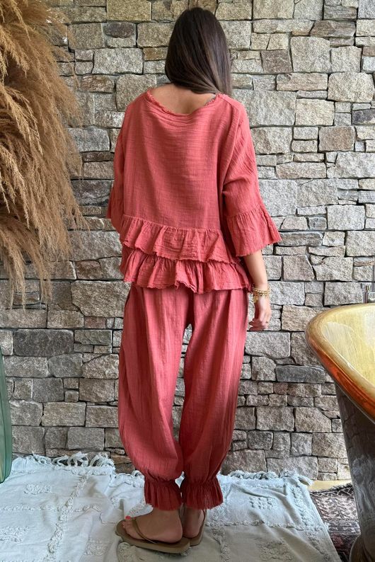 Sundaze Cheesecloth Frill Top Indian Red