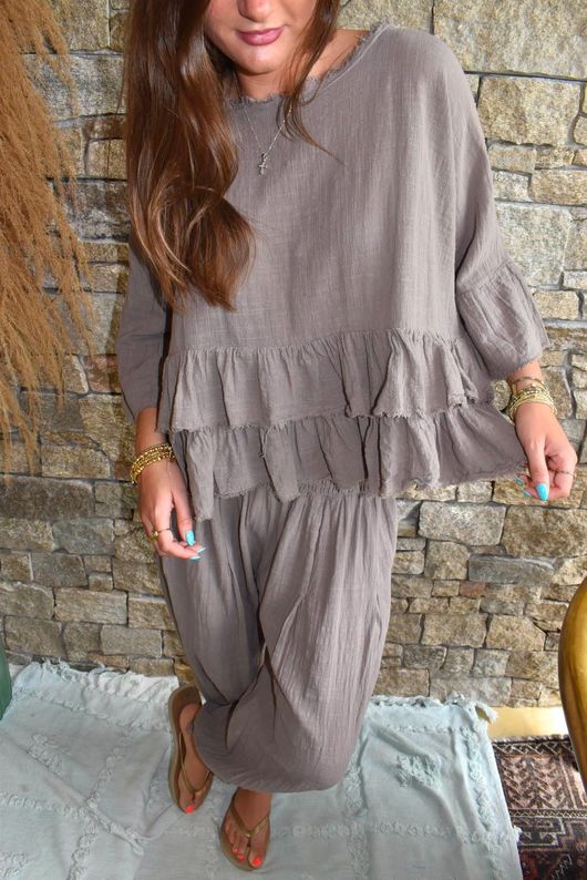 Sundaze Cheesecloth Frill Top Mocha