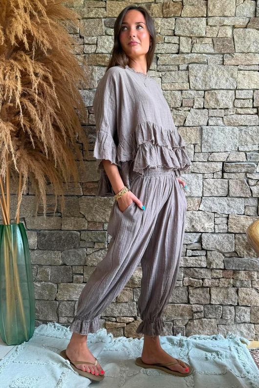 Sundaze Cheesecloth Frill Top Mocha
