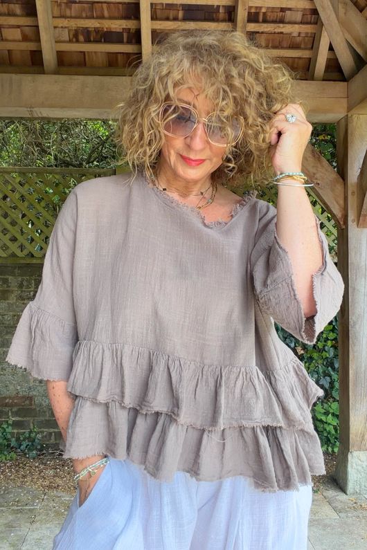 Sundaze Cheesecloth Frill Top Mocha