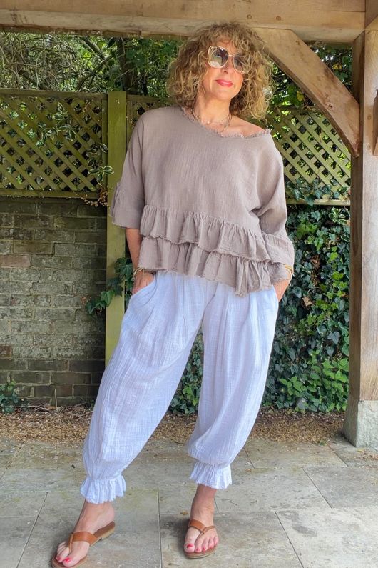 Sundaze Cheesecloth Frill Top Mocha