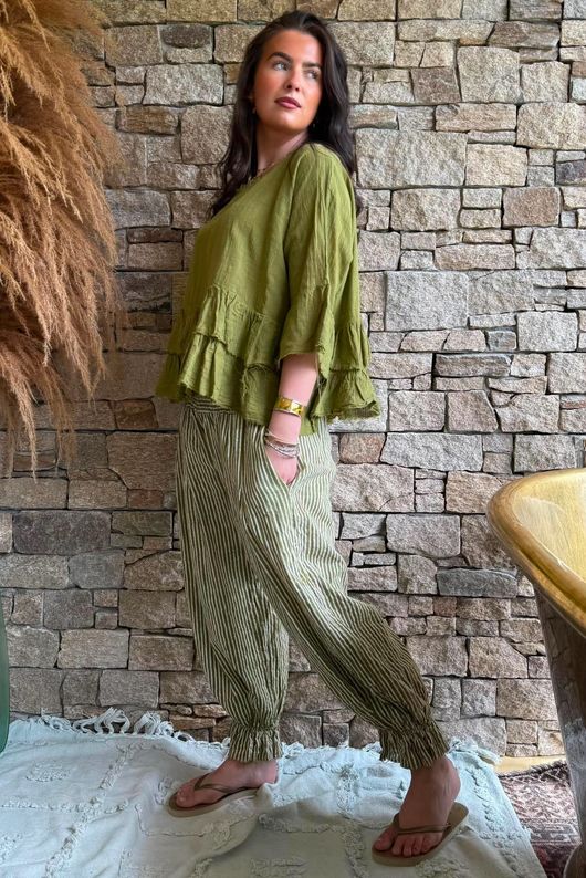 Sundaze Cheesecloth Frill Top Olive