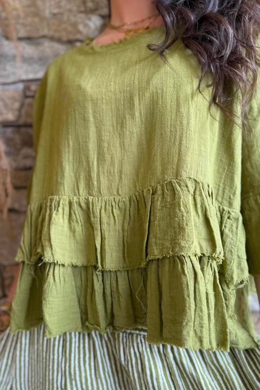 Sundaze Cheesecloth Frill Top Olive