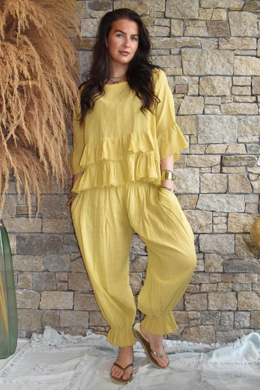 Sundaze Cheesecloth Frill Top Soft Ochre
