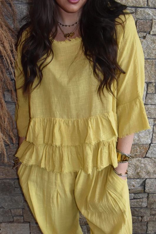 Sundaze Cheesecloth Frill Top Soft Ochre