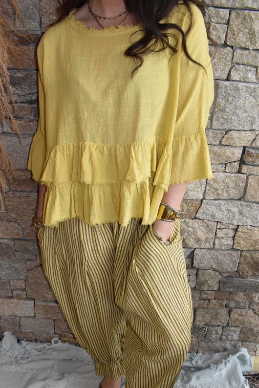 Sundaze Cheesecloth Frill Top Soft Ochre