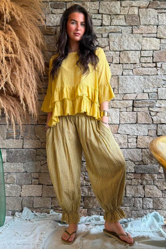Sundaze Cheesecloth Frill Top Soft Ochre