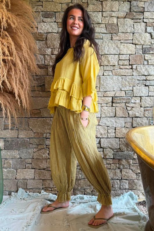 Sundaze Cheesecloth Frill Top Soft Ochre