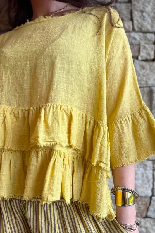 Sundaze Cheesecloth Frill Top Soft Ochre
