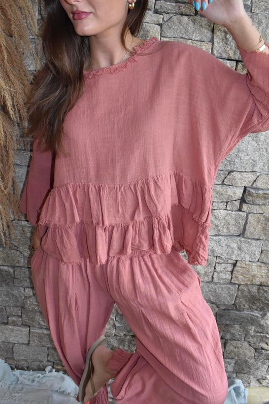 Sundaze Cheesecloth Frill Top Soft Terracotta