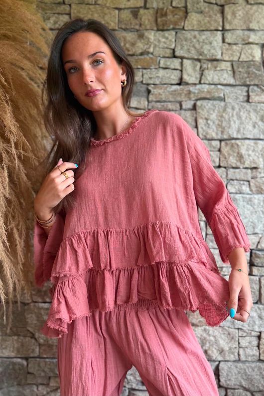 Sundaze Cheesecloth Frill Top Soft Terracotta
