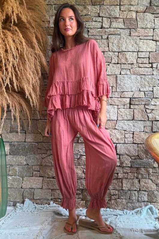 Sundaze Cheesecloth Frill Top Soft Terracotta