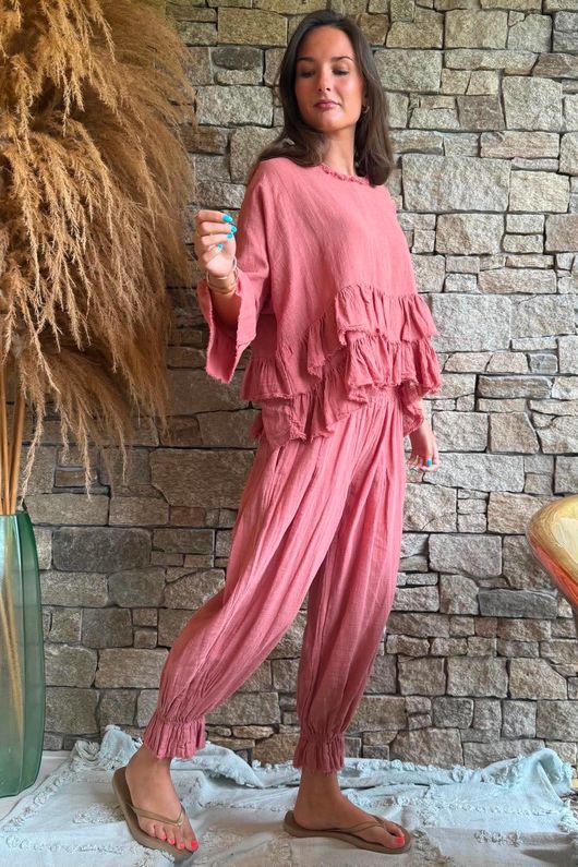 Sundaze Cheesecloth Frill Top Soft Terracotta