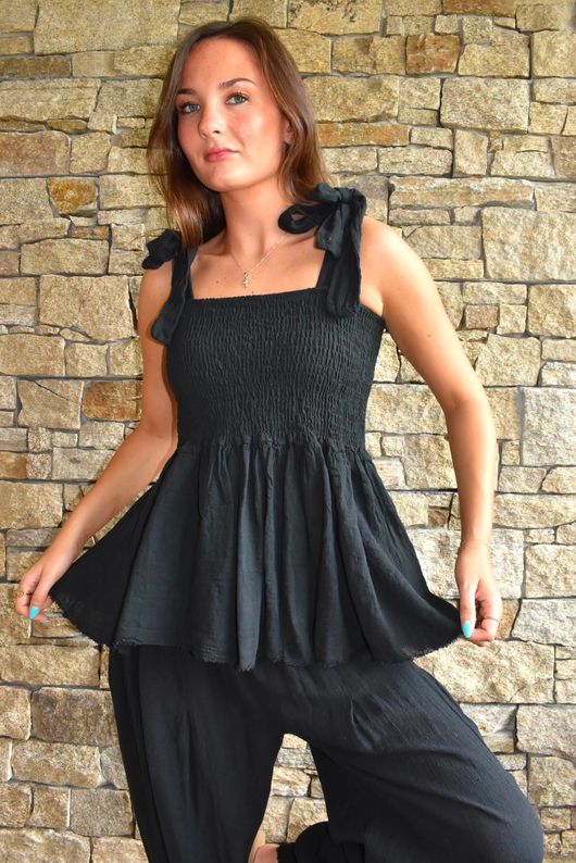 Sundaze Cheesecloth Tie Shoulder Top Black