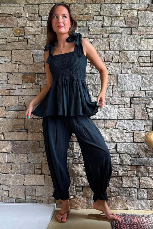 Sundaze Cheesecloth Tie Shoulder Top Black