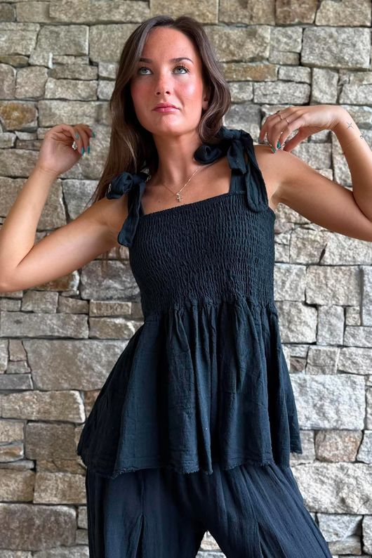Sundaze Cheesecloth Tie Shoulder Top Black