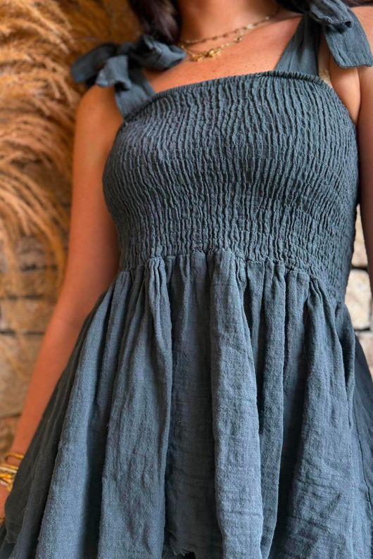 Sundaze Cheesecloth Tie Shoulder Top Charcoal