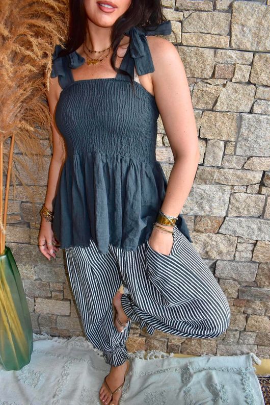 Sundaze Cheesecloth Tie Shoulder Top Charcoal