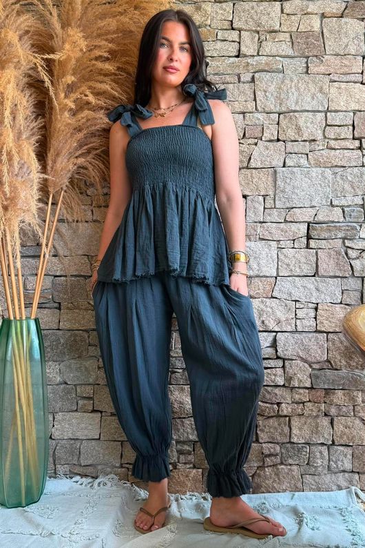 Sundaze Cheesecloth Tie Shoulder Top Charcoal
