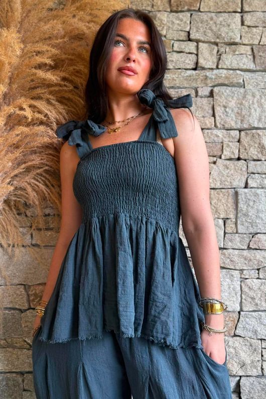 Sundaze Cheesecloth Tie Shoulder Top Charcoal