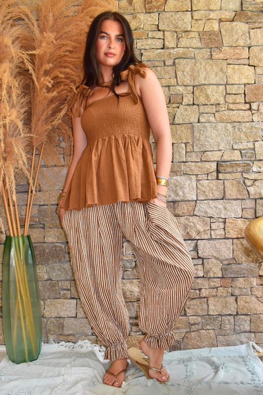 Sundaze Cheesecloth Tie Shoulder Top Hazelnut