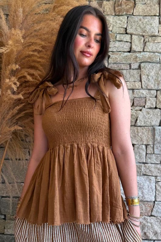 Sundaze Cheesecloth Tie Shoulder Top Hazelnut