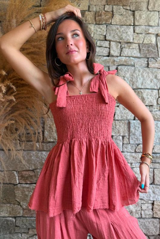 Sundaze Cheesecloth Tie Shoulder Top Indian Red