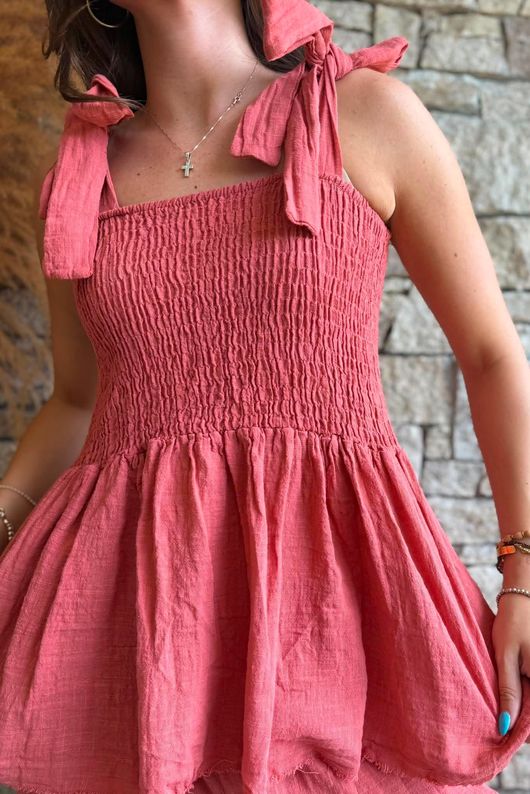Sundaze Cheesecloth Tie Shoulder Top Indian Red