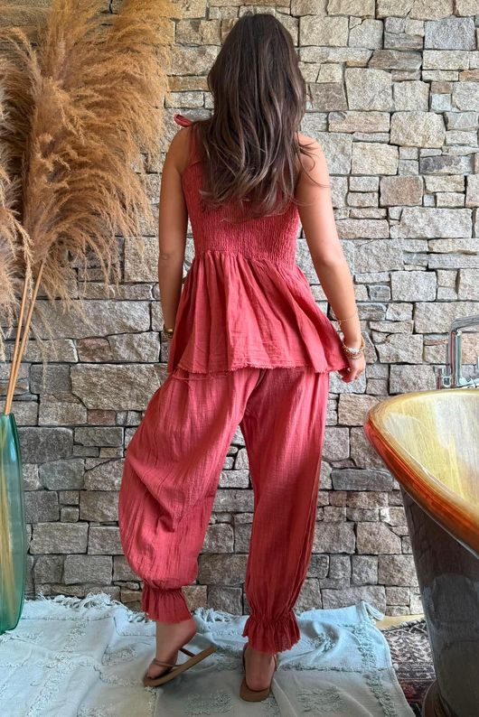Sundaze Cheesecloth Tie Shoulder Top Indian Red