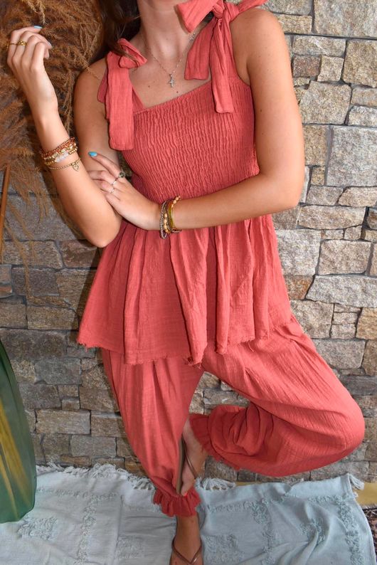 Sundaze Cheesecloth Tie Shoulder Top Indian Red