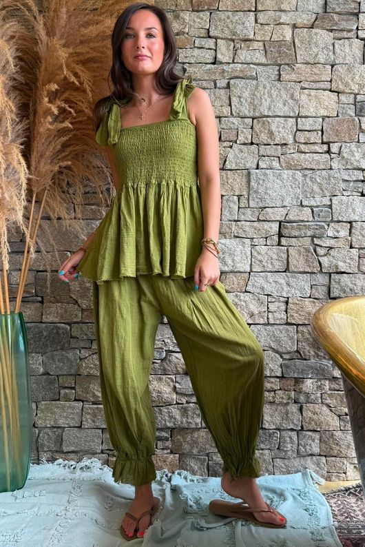 Sundaze Cheesecloth Tie Shoulder Top Olive
