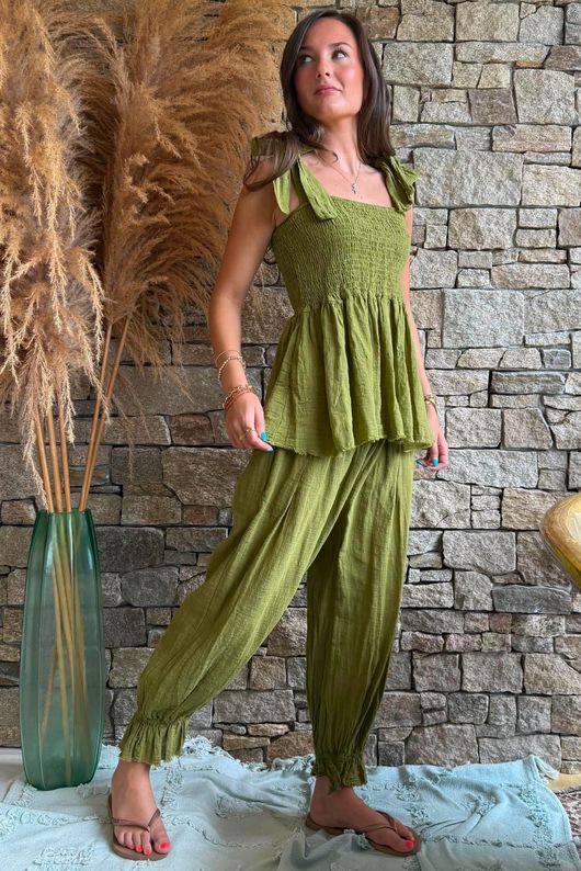 Sundaze Cheesecloth Tie Shoulder Top Olive