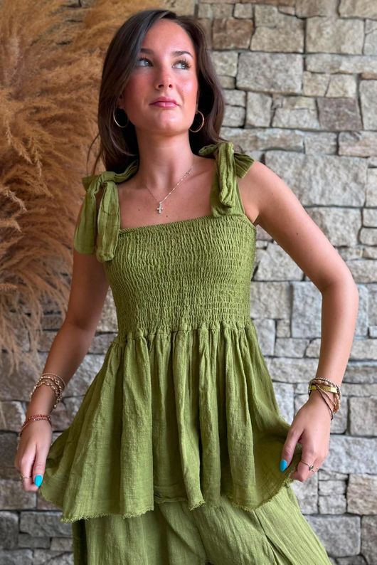 Sundaze Cheesecloth Tie Shoulder Top Olive