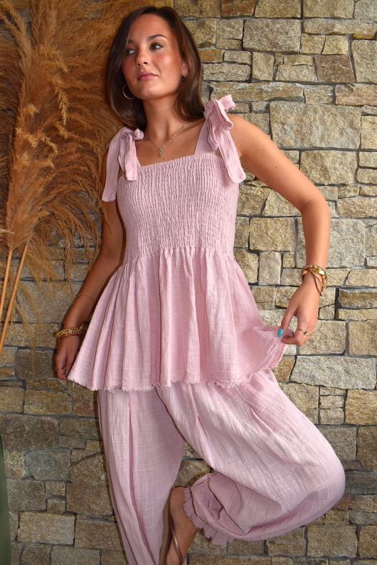 Sundaze Cheesecloth Tie Shoulder Top Rose