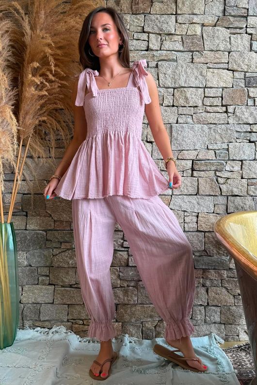 Sundaze Cheesecloth Tie Shoulder Top Rose