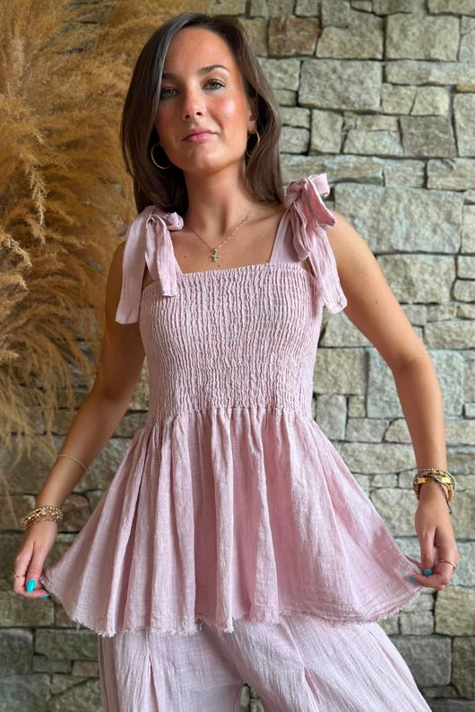 Sundaze Cheesecloth Tie Shoulder Top Rose