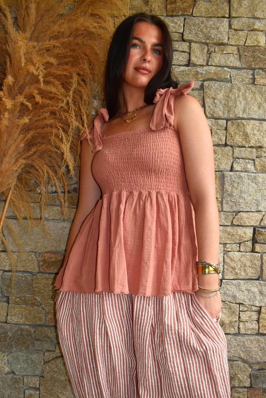 Sundaze Cheesecloth Tie Shoulder Top Soft Terracotta