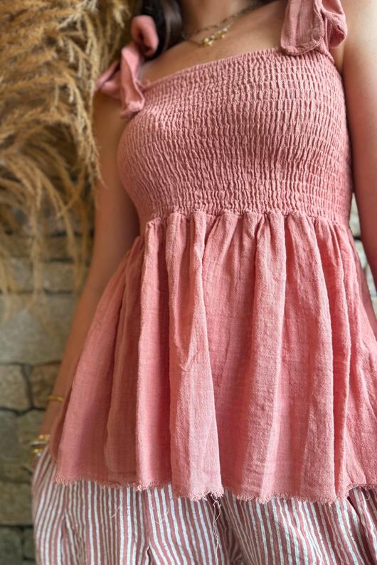 Sundaze Cheesecloth Tie Shoulder Top Soft Terracotta
