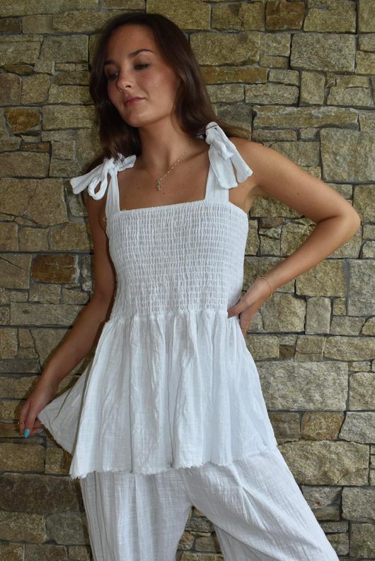 Sundaze Cheesecloth Tie Shoulder Top White