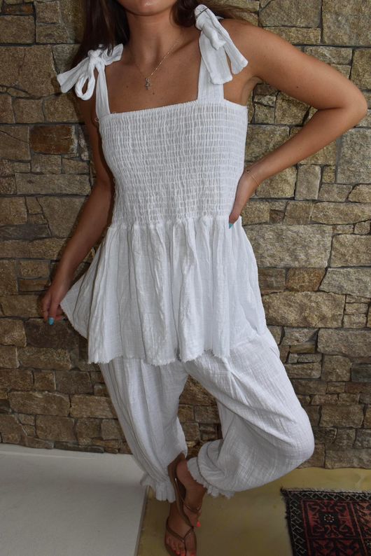 Sundaze Cheesecloth Tie Shoulder Top White