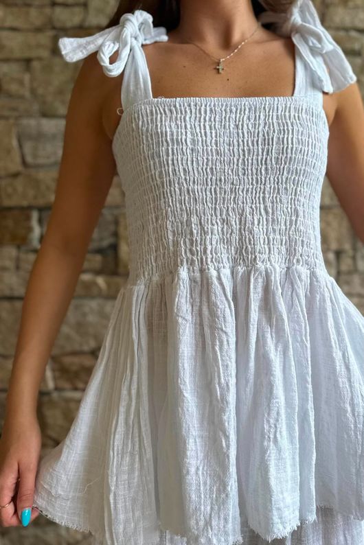 Sundaze Cheesecloth Tie Shoulder Top White