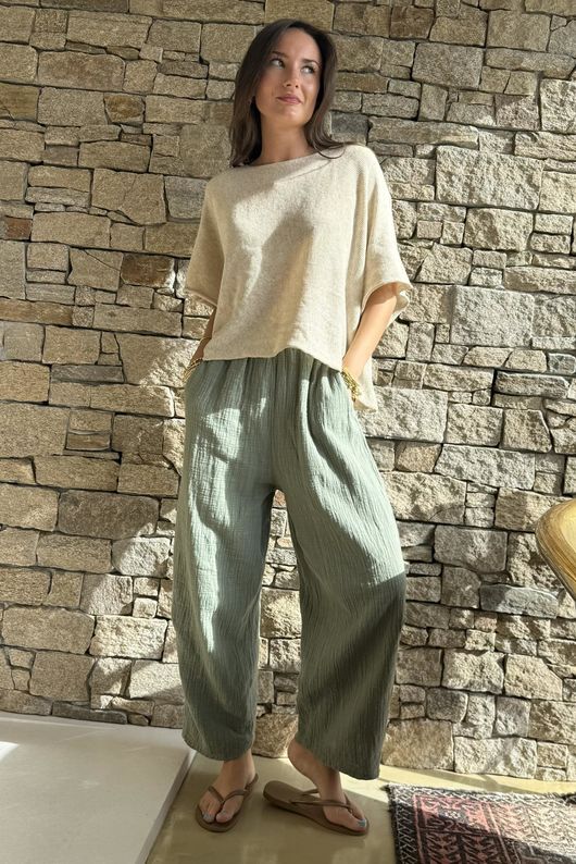 Suri Cushion Cotton Relaxed Tuck Barrel Pant Khaki /10=