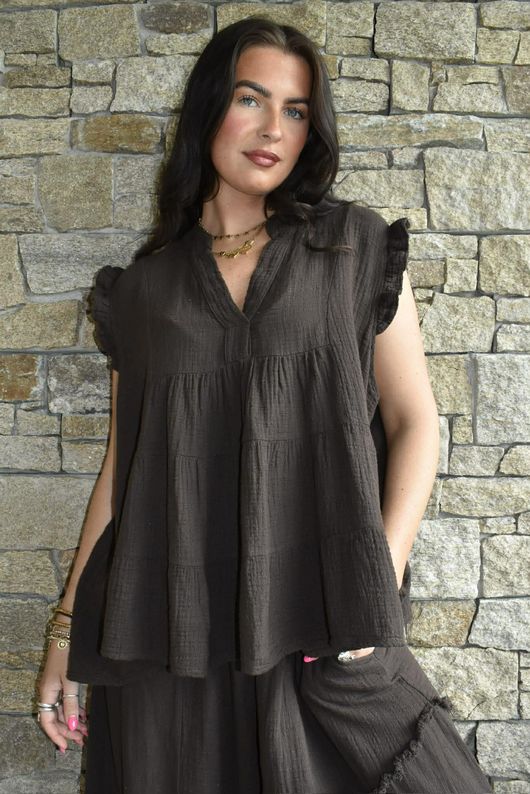 Tasha Cushion Cotton Cap Sleeve Tier Top Chocolate