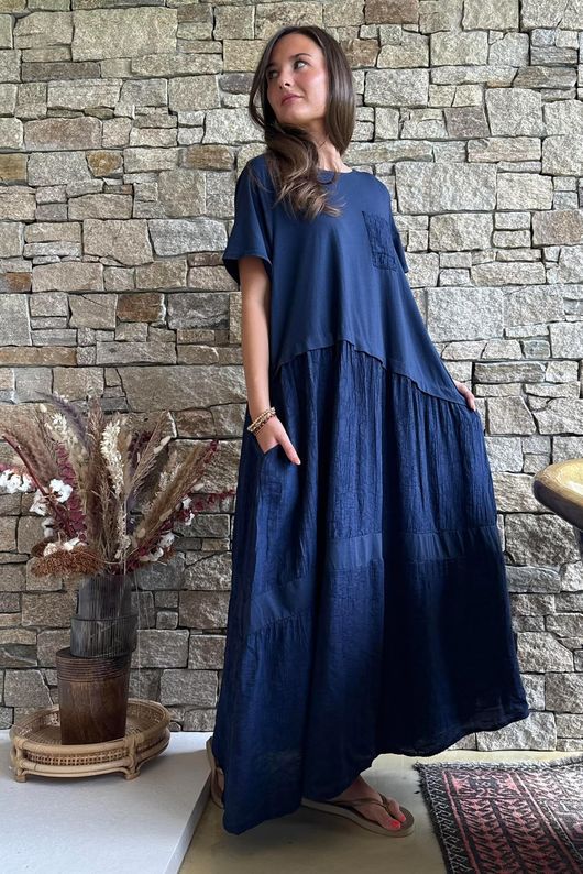navy t shirt maxi dress Casual Boho T-Shirt Maxi Dress V-Neck Side Slit Summer Dress